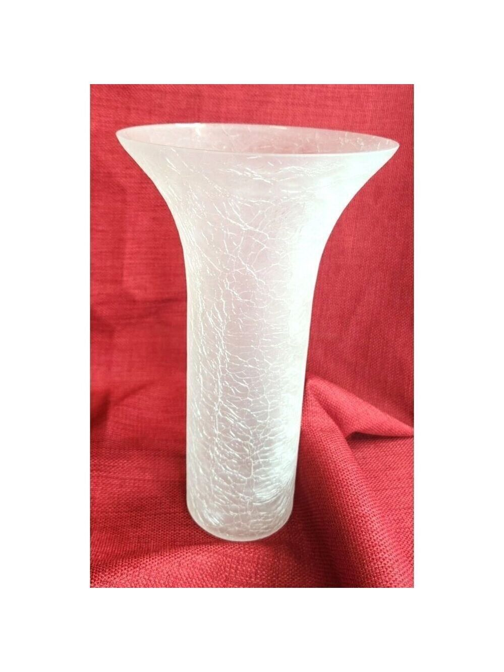 Frosted White Glass Vase With Crackle Finish, Cylinder vase with flared top.